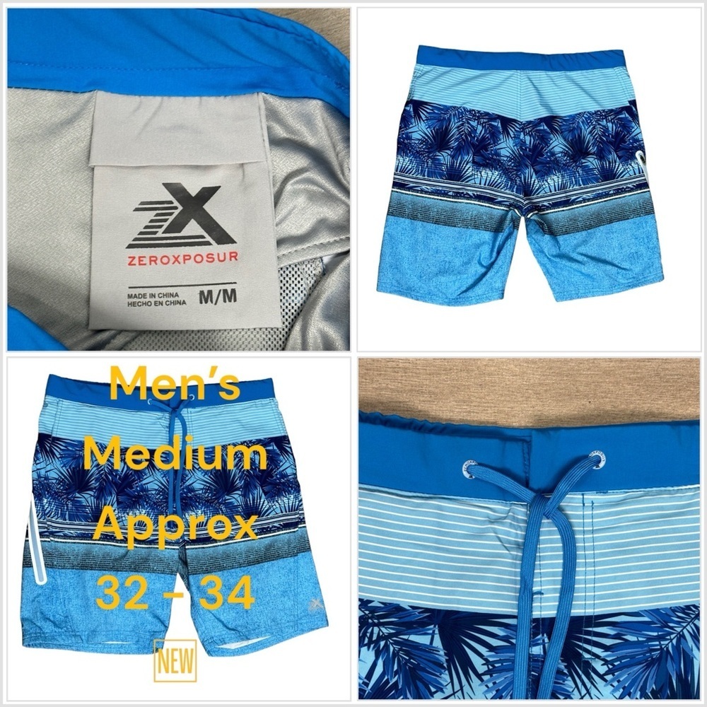 Men's Zeroxposur Medium 32 - 34 Swim Drawstring Shorts Trunks Stripes Blue Fern